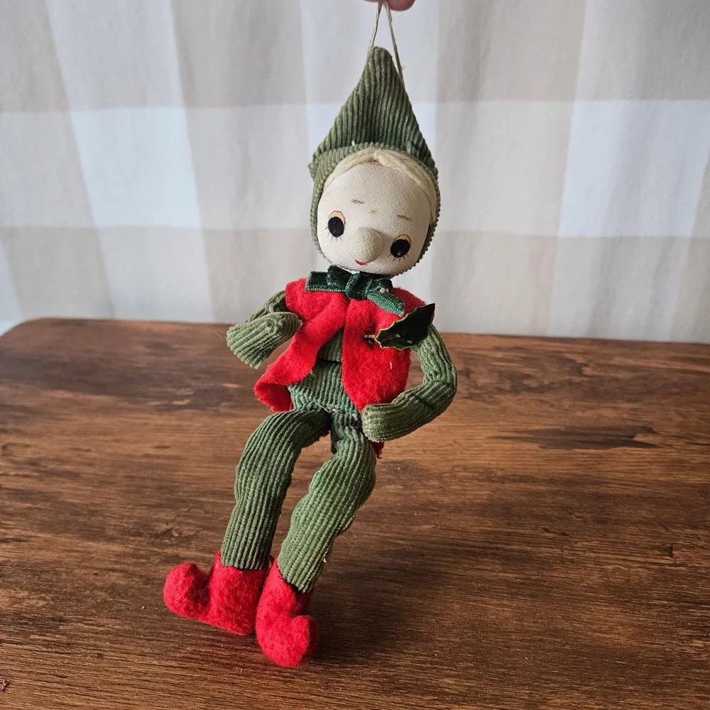 Vintage Japan Elf Doll Ornament Christmas‎ Decoration Green Corduroy Sit Hang